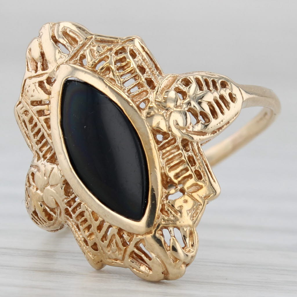 Gray Onyx Navette Cabochon Filigree Ring 10k Yellow Gold Size 7.25