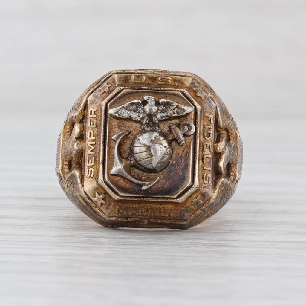 Vintage Marine Corp Signet Ring Sterling Silver Gold Filled Size 11.75