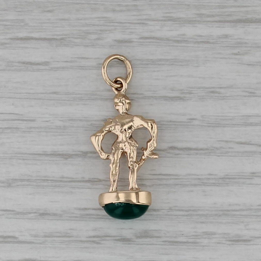 Knight with Sword on Green Chalcedony Charm 14k Yellow Gold Fob Pendant