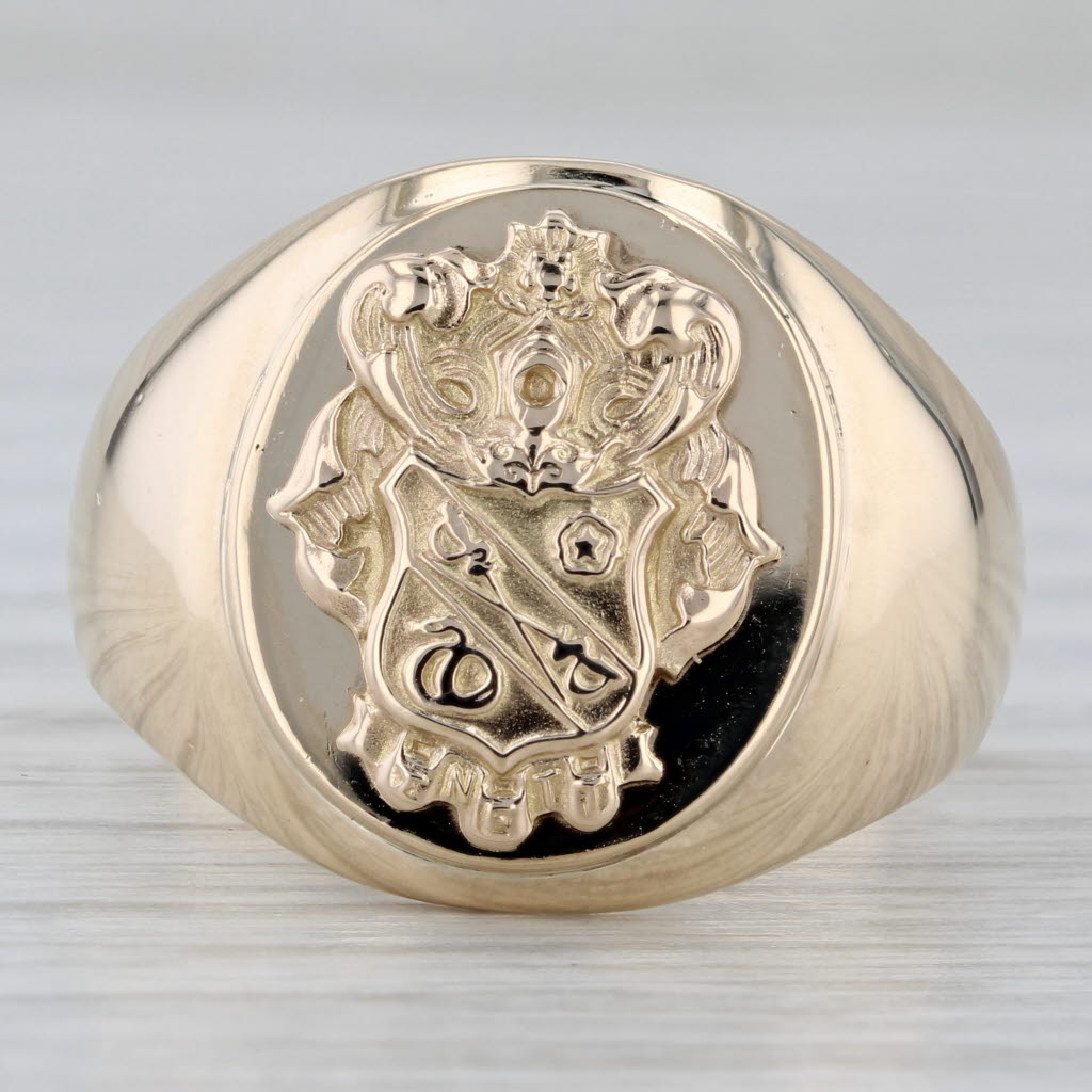 Gray Vintage Sigma Nu Fraternity Crest Signet Ring 10k Yellow Gold Sz 10 Coat of Arms