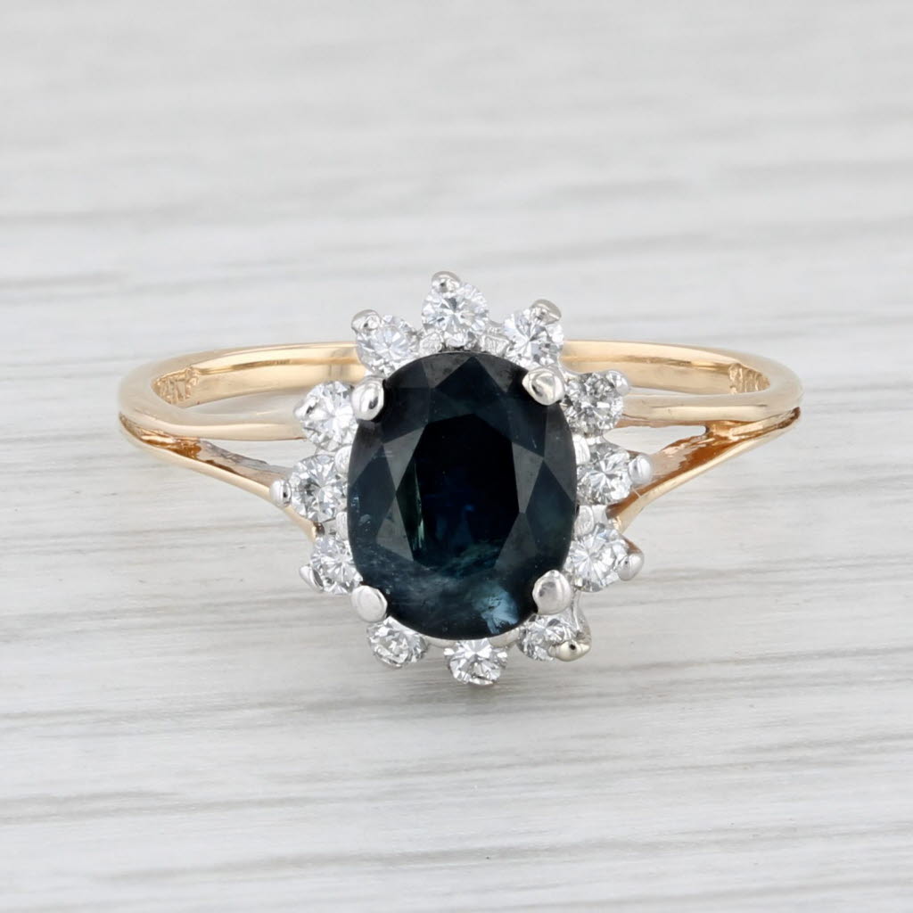 Light Gray 1.53ctw Blue Sapphire Diamond Halo Ring 14k Yellow Gold Size 5.75 Engagement