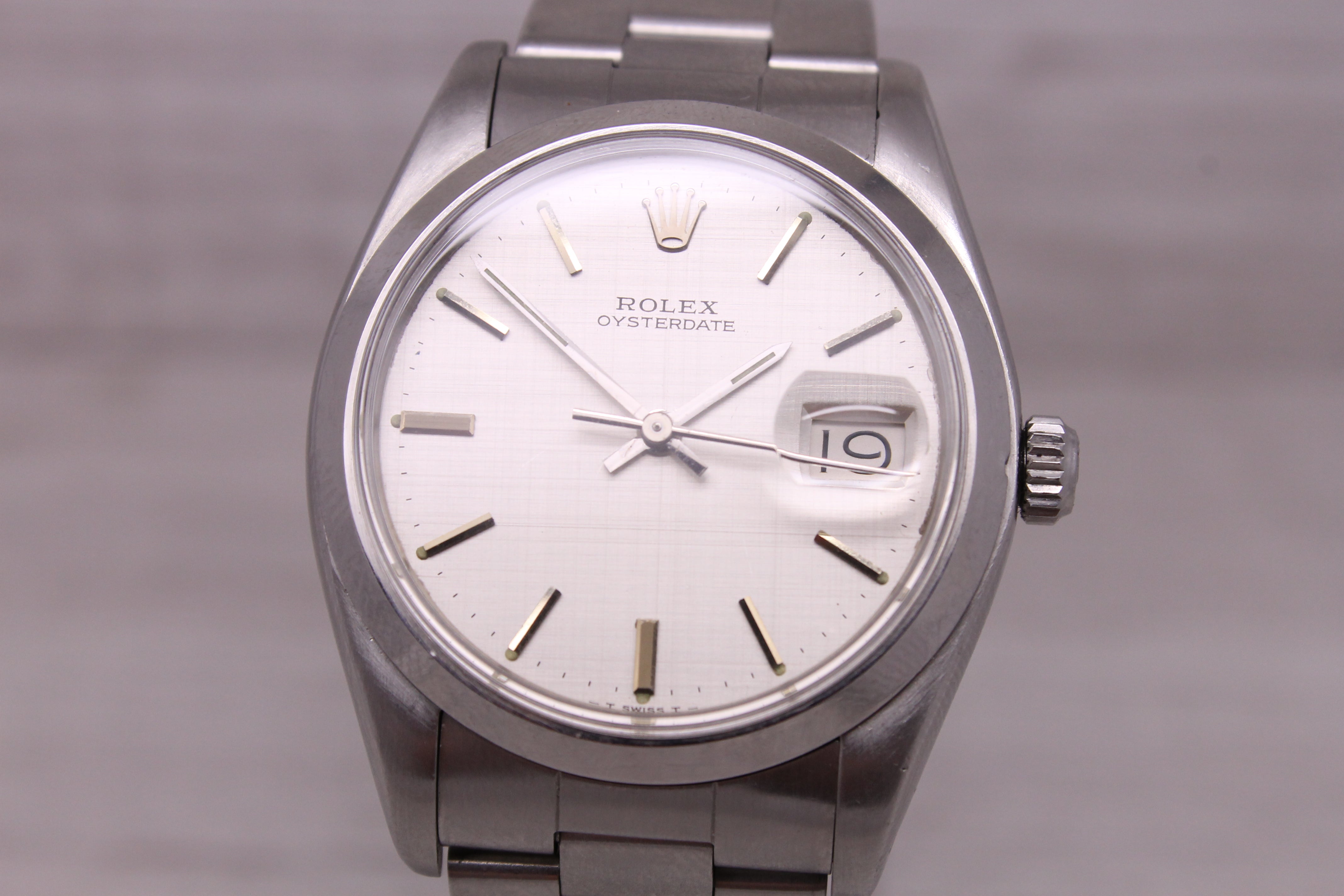 Light Slate Gray Vintage 1978 Rolex Oysterdate Precision 6694 Mens 35mm Steel Watch Linen Dial