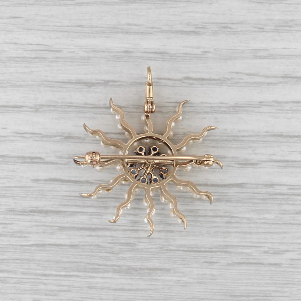 Vintage Pearl Sapphire Diamond Sun Brooch Convertiable Pendant 14k Gold Pin