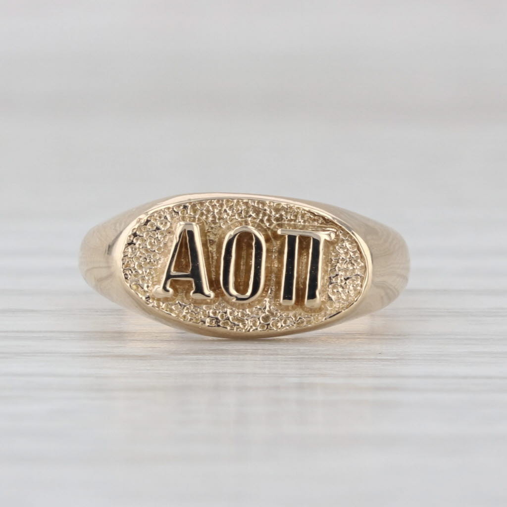 Alpha Omicron Pi Ring 10k Yellow Gold Green Letter Signet Greek Sorority Size 3