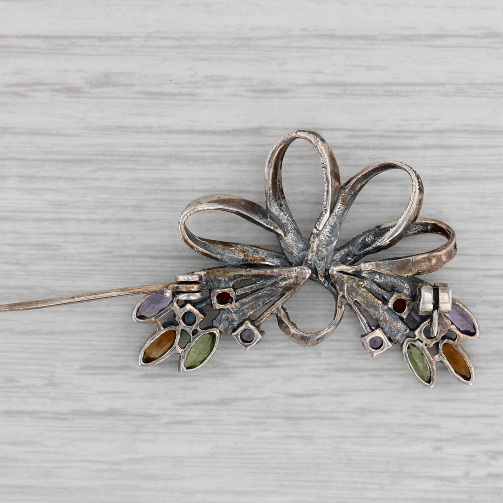 Gray Vintage 1.92ctw Gemstone Bow Brooch Sterling Silver Amethyst Citrine Peridot Pin