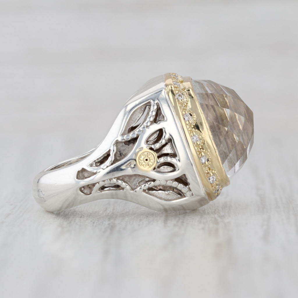 Tacori Quartz Diamond Halo Ring Sterling Silver 18k Gold Size 5 Ornate Cocktail