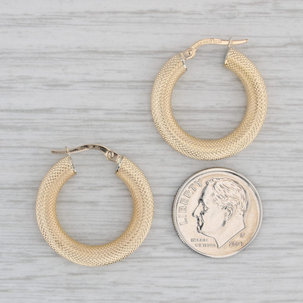 Gray Textured Hoop Earrings 14k Yellow Gold Snap Top Round Hoops