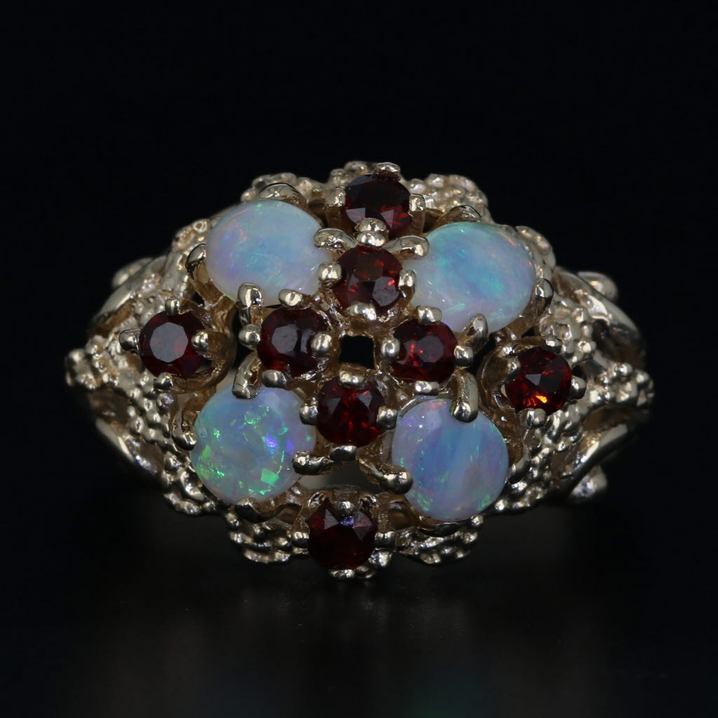 Black Garnet Opal Cluster Domed Cocktail Ring 14k Yellow Gold Size 7.5