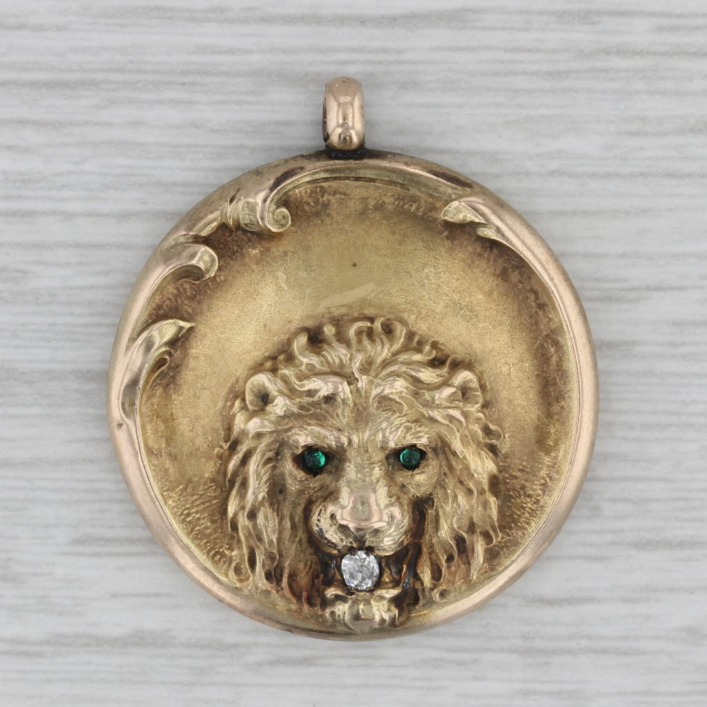 Gray Antique Lion Pendant Medallion 10k Yellow Gold Diamond Engraved Charm