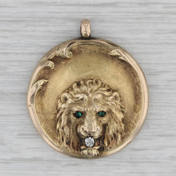 Antique Lion Pendant Medallion 10k Yellow Gold Diamond Engraved Charm