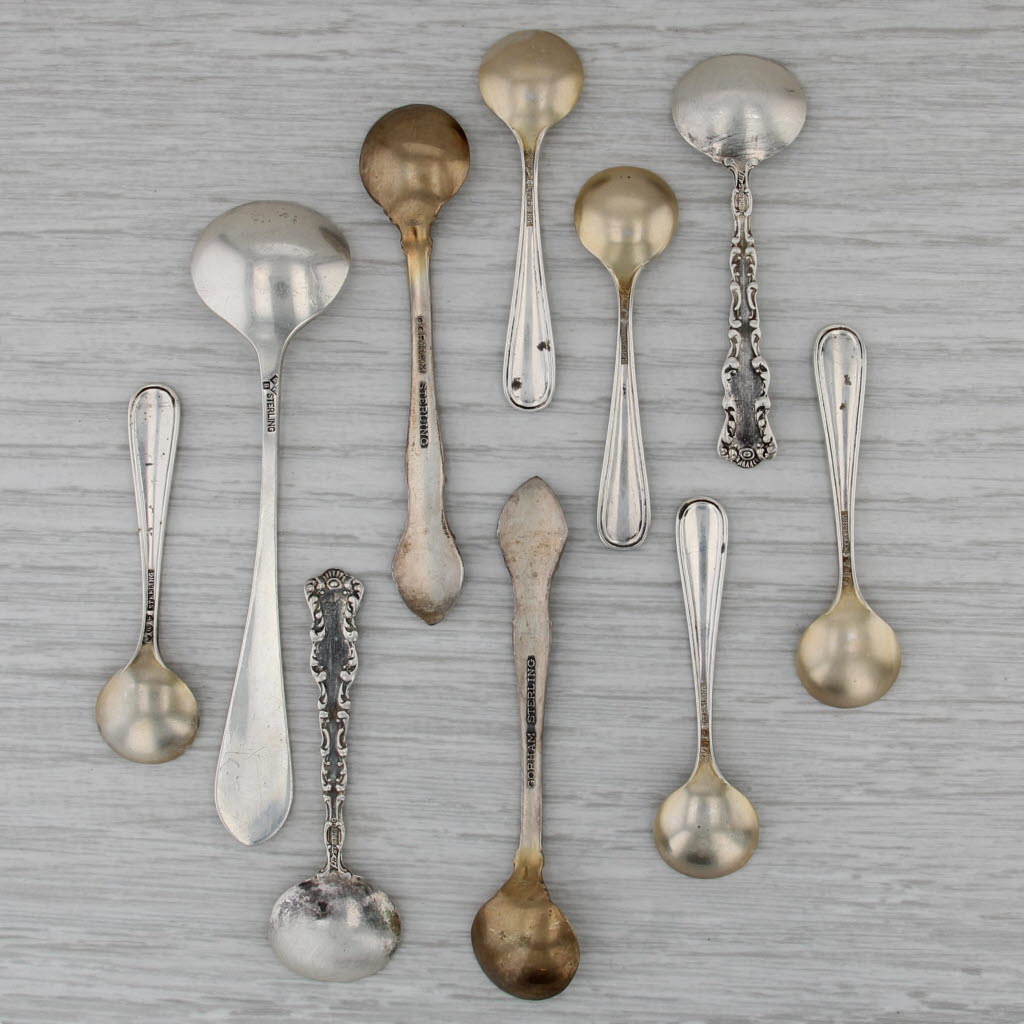 Vintage 10 Salt Spoons Sterling Silver Gorham Mechanics Watson Lunt Gold Wash