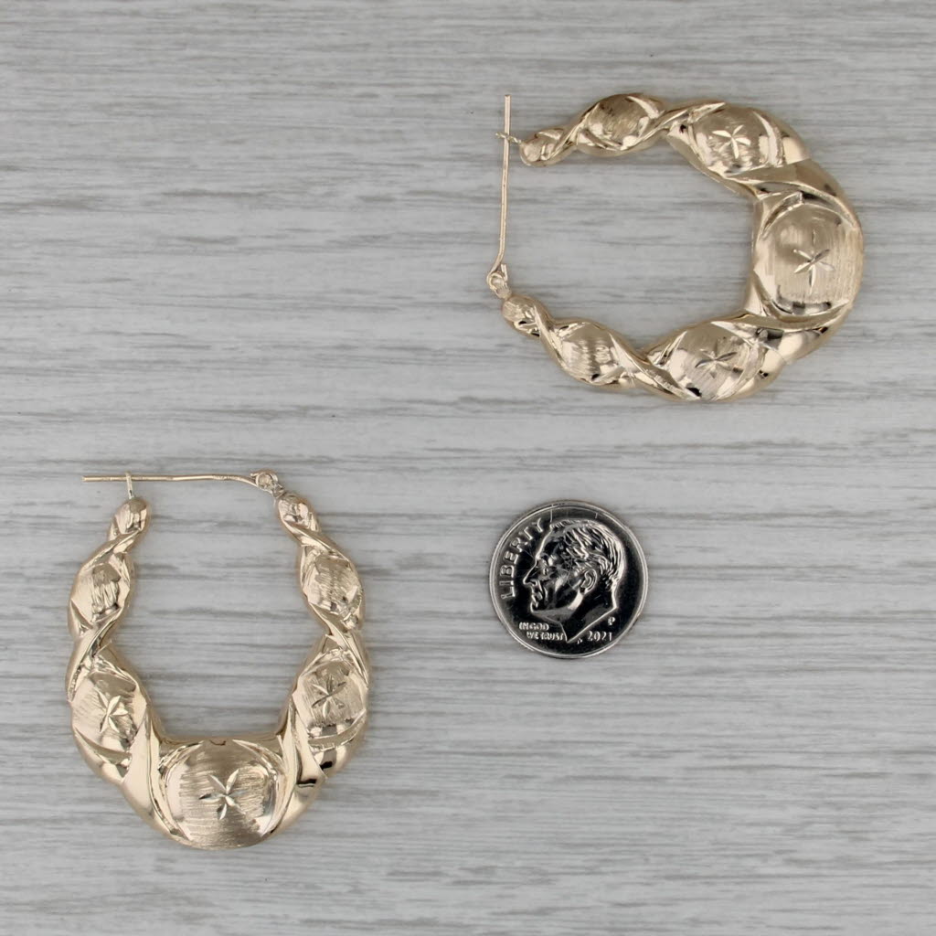 Star Etched Oval Hoop Statement Earrings 10k Yellow Gold Snap Top Hoops