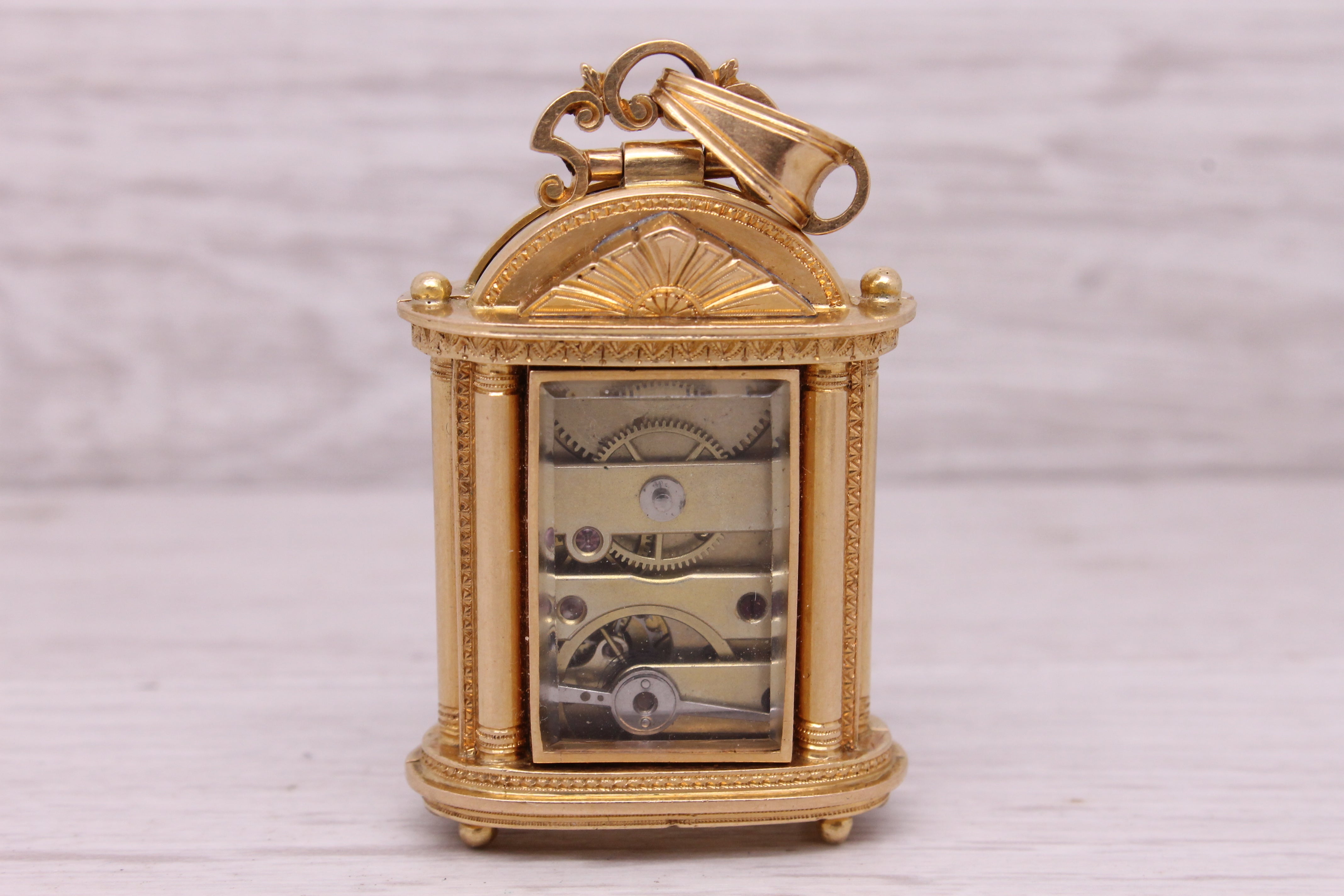 Antique c.1860 18k Gold Miniature Keywind Case Clock Pendant Blue Enamel Dial