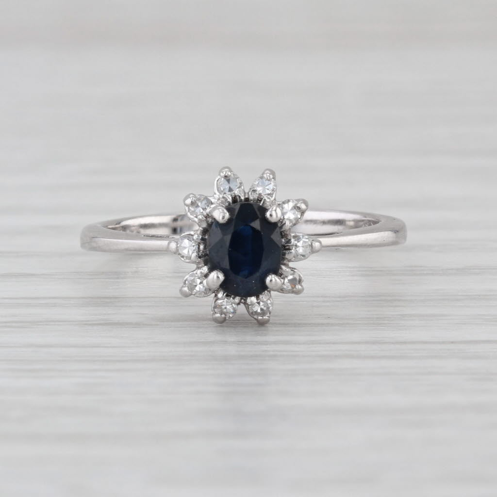 0.58ctw Oval Blue Sapphire Diamond Halo Ring 14k White Gold Size 6.25