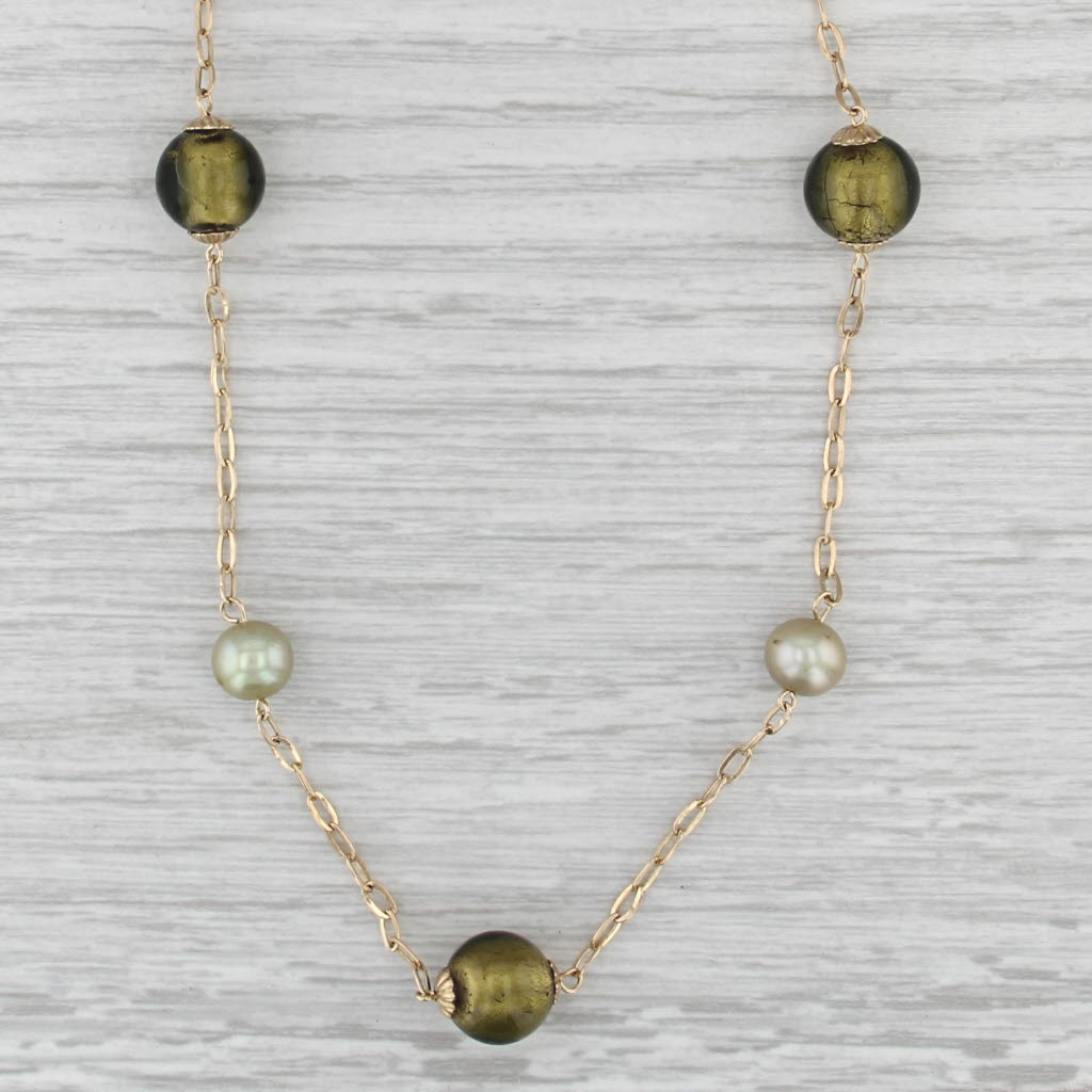 Cultured Pearl Green Glass Bead Station Necklace 14k Yellow Gold 28" Statement