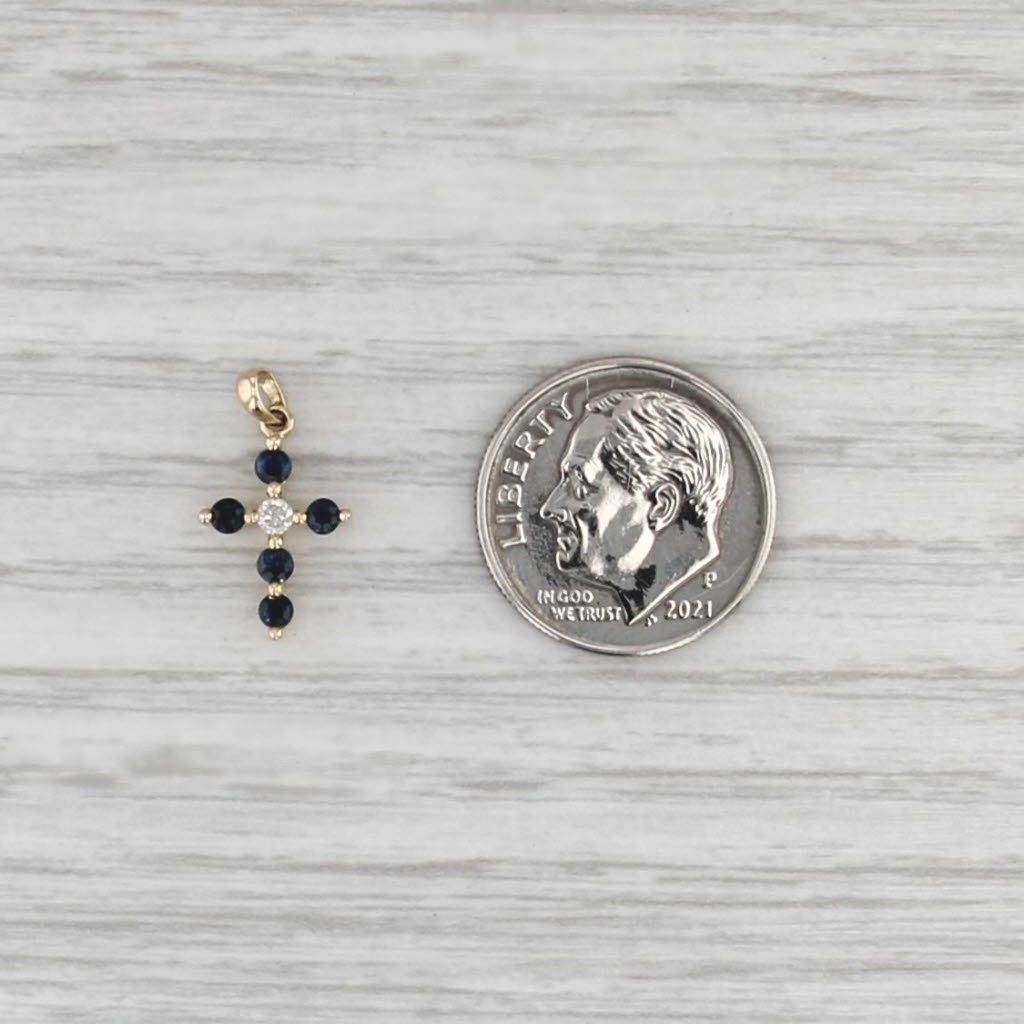 0.26ctw Blue Sapphire Diamond Cross Pendant 14k Yellow Gold Small Drop