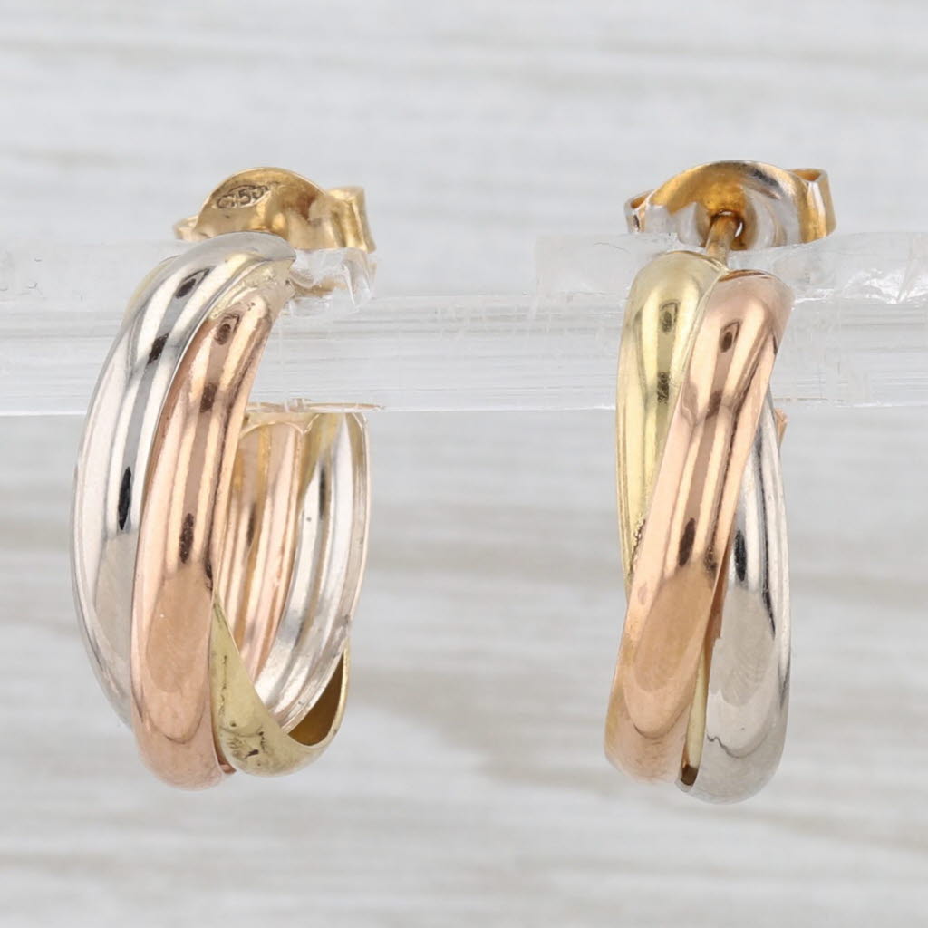 Light Gray Tri-Toned Woven Hoop Earrings 18k Yellow White Rose Gold 18.2mm