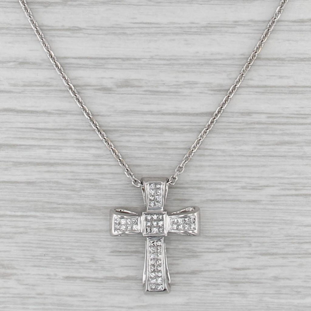 0.74ctw Diamond Cross Pendant 14k White Gold Cable Chain 16.25"