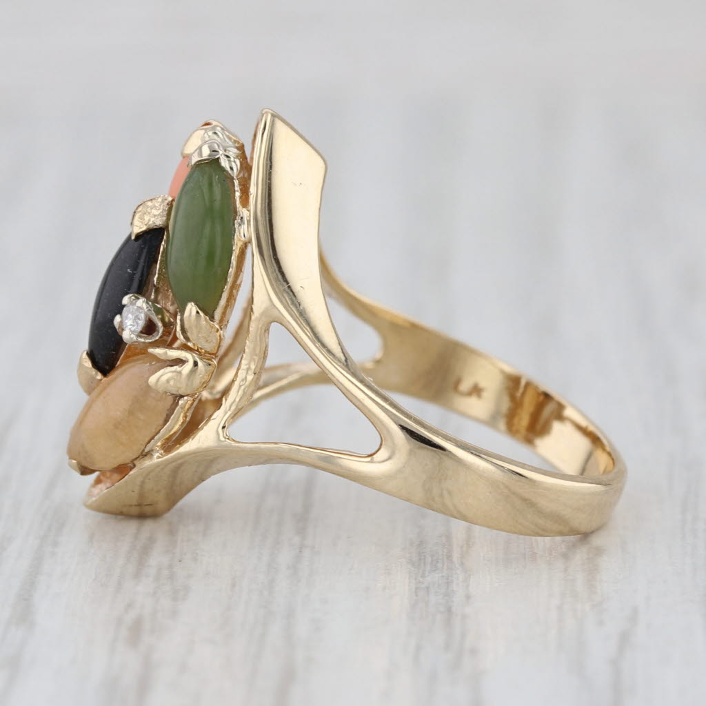 Coral Jade Cabochons Cluster Ring 14k Yellow Gold Size 6 Diamond Accents