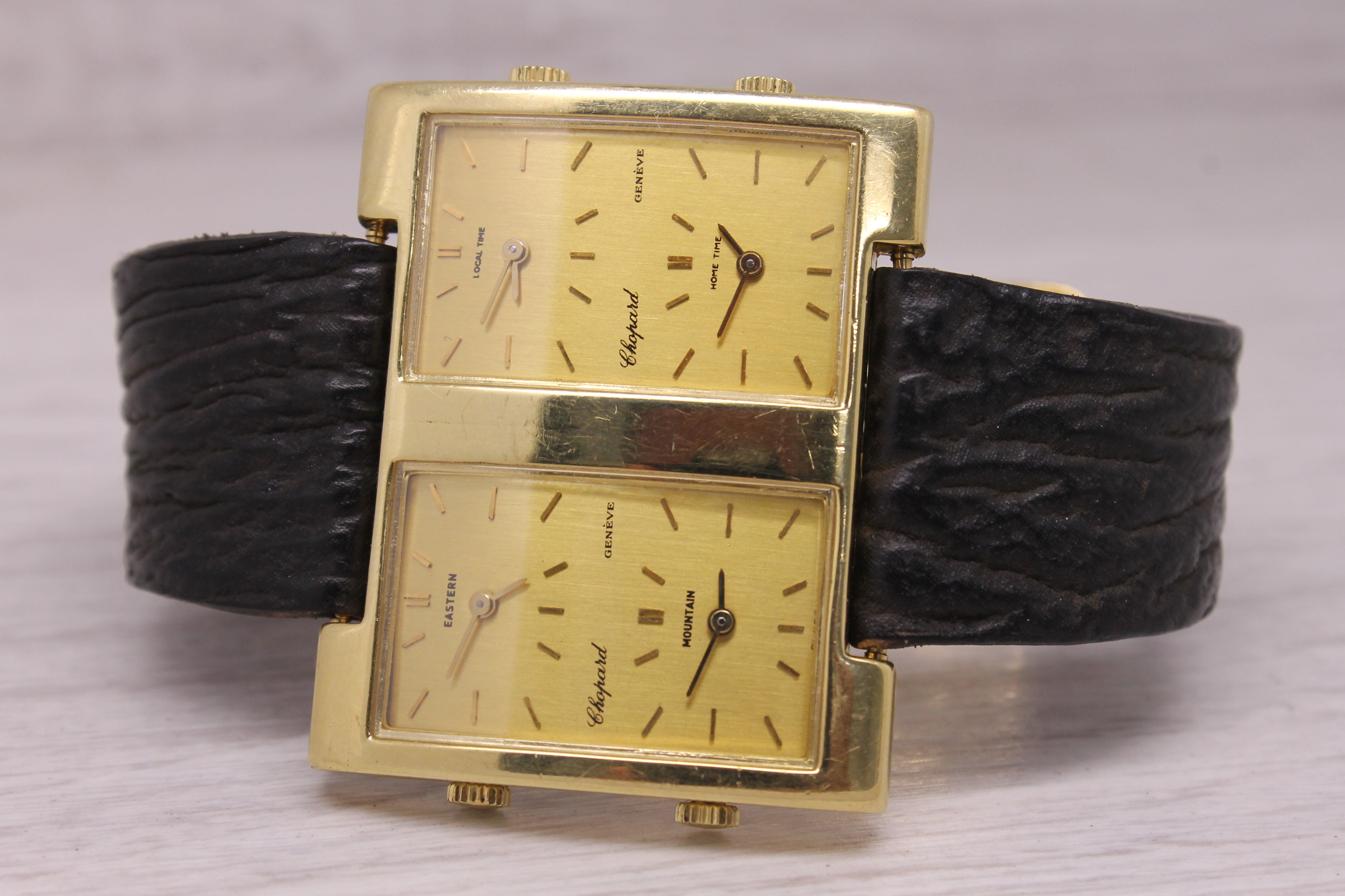 Vintage 1970s Chopard 4 Time Zone 18k Yellow Gold Mens Watch w Cartier Deployant