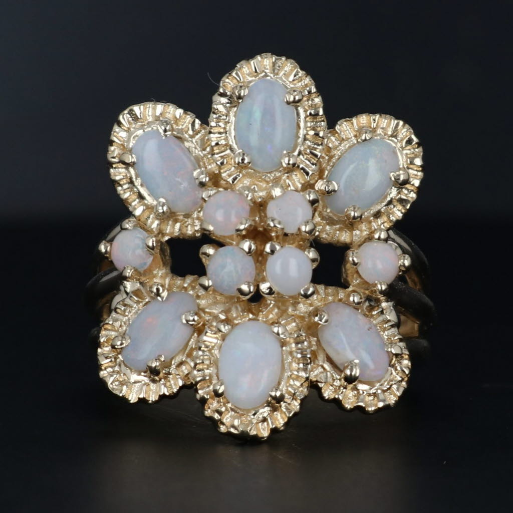 Dark Gray Opal Flower Cluster Ring 14k Yellow Gold Size 6.25 Cocktail