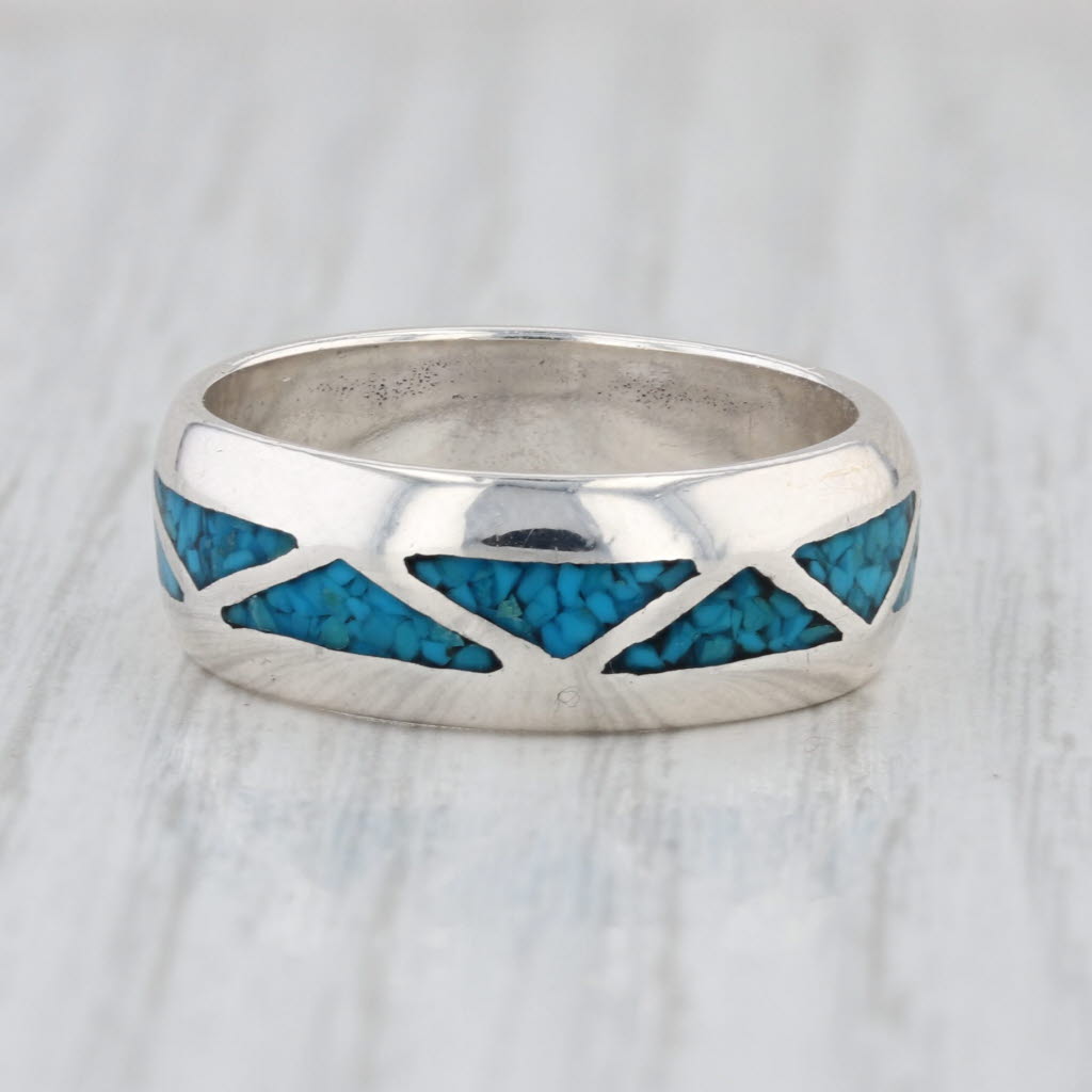 Imitation Turquoise Blue Resin Mosaic Inlay Ring Sterling Silver Size 9 Band