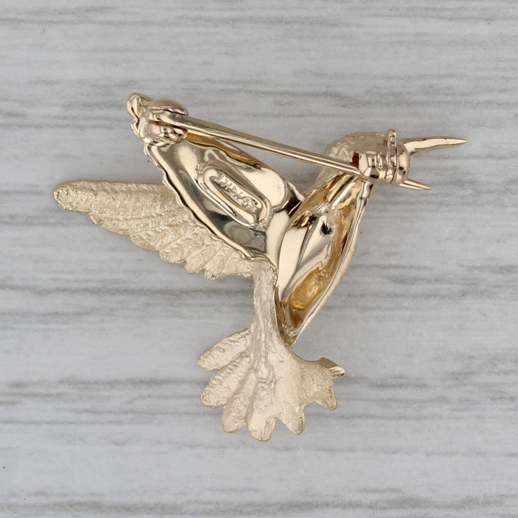 Dark Gray Hummingbird Pin 14k Yellow Gold Ruby Eye Detailed Bird Jewelry