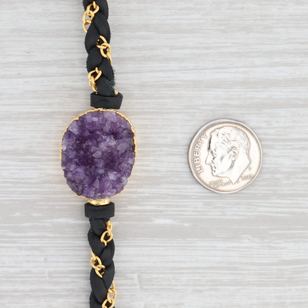 New Nina Wynn Cordelia Necklace Amethyst Druzy Pendant Black Leather NWT