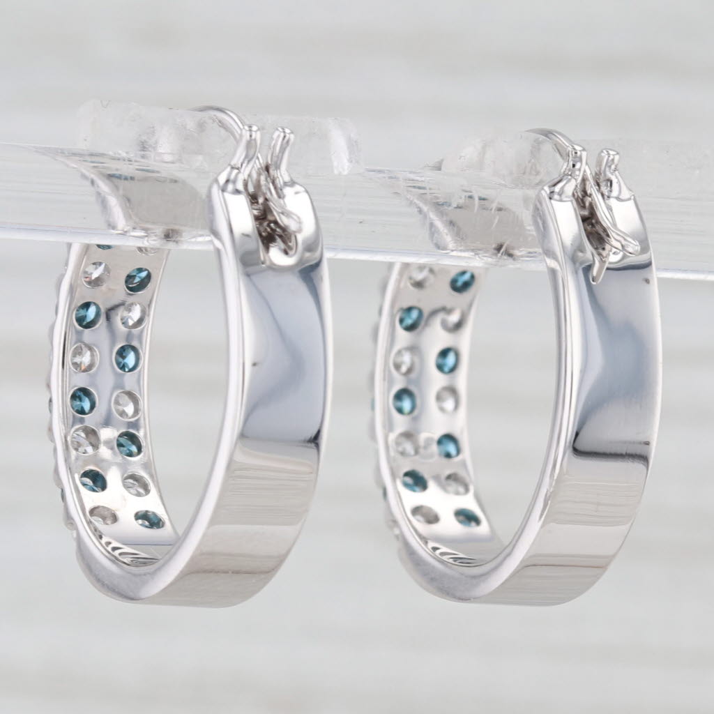 Light Gray 0.96ctw Blue White Diamond Hoop Earrings 14k White Gold Snap Top Round Hoops