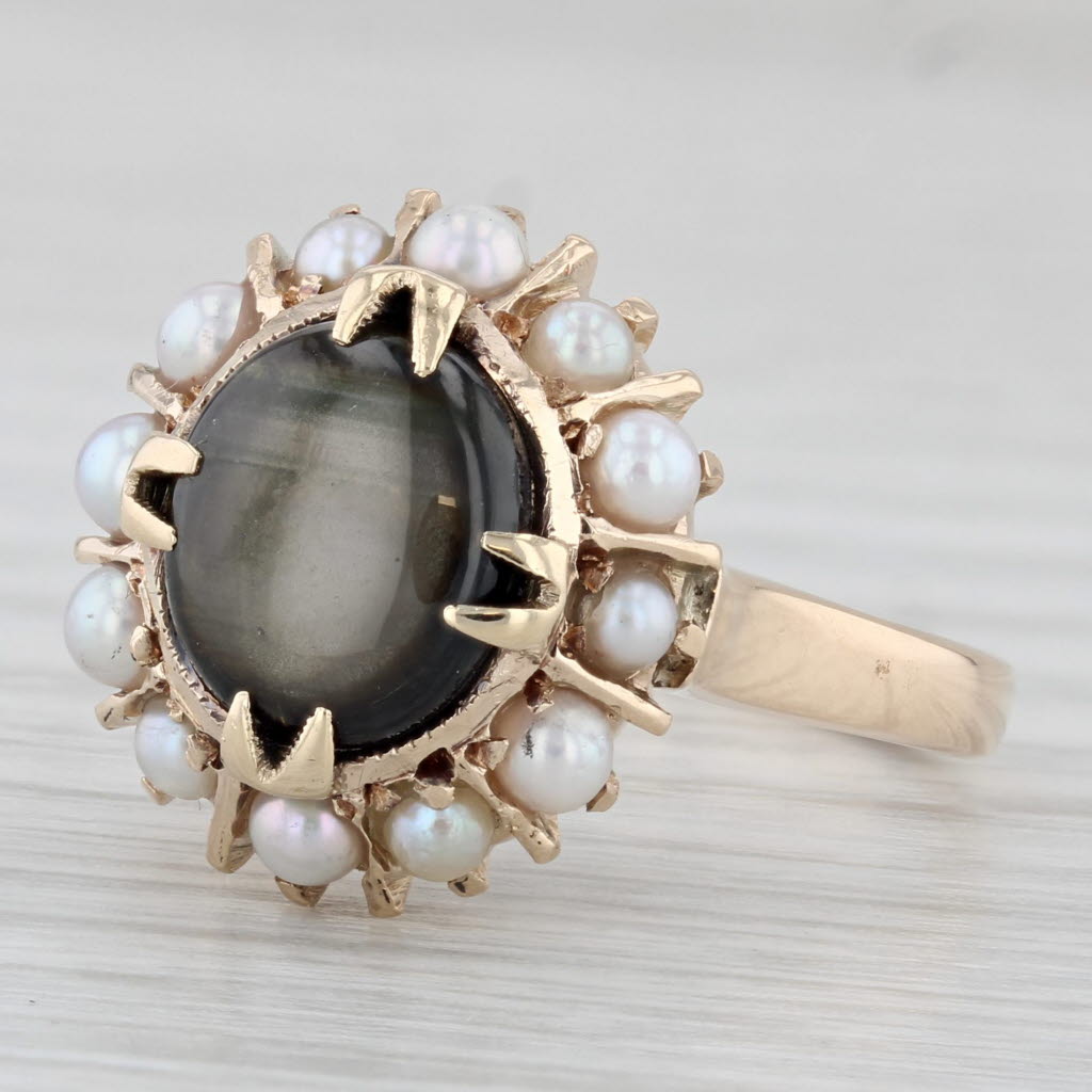 Light Gray Vintage Black Star Sapphire Cultured Pearl Halo Ring 10k Yellow Gold Size 7.25