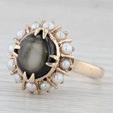 Vintage Black Star Sapphire Cultured Pearl Halo Ring 10k Yellow Gold Size 7.25