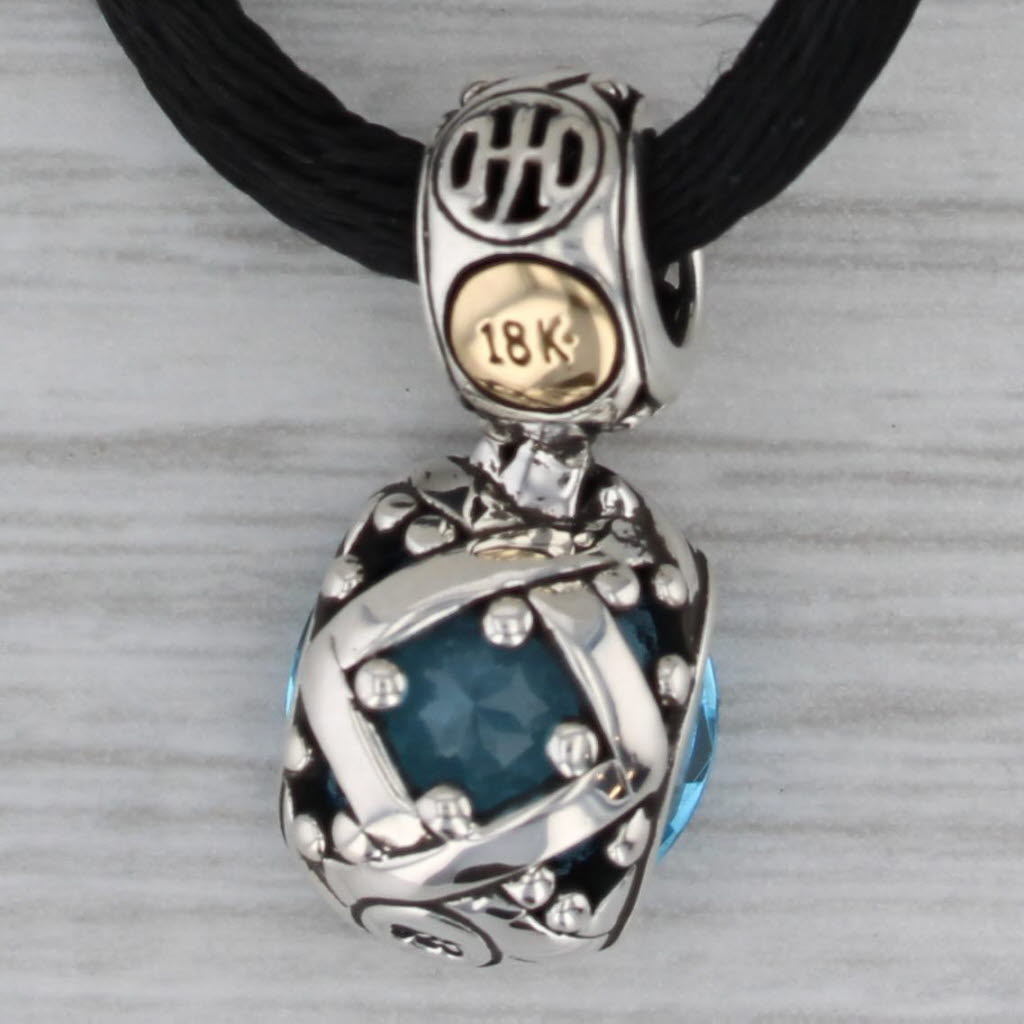 Dark Gray John Hardy Bato Sari Blue Topaz Pendant Necklace Sterling Silver 18k Gold Cord