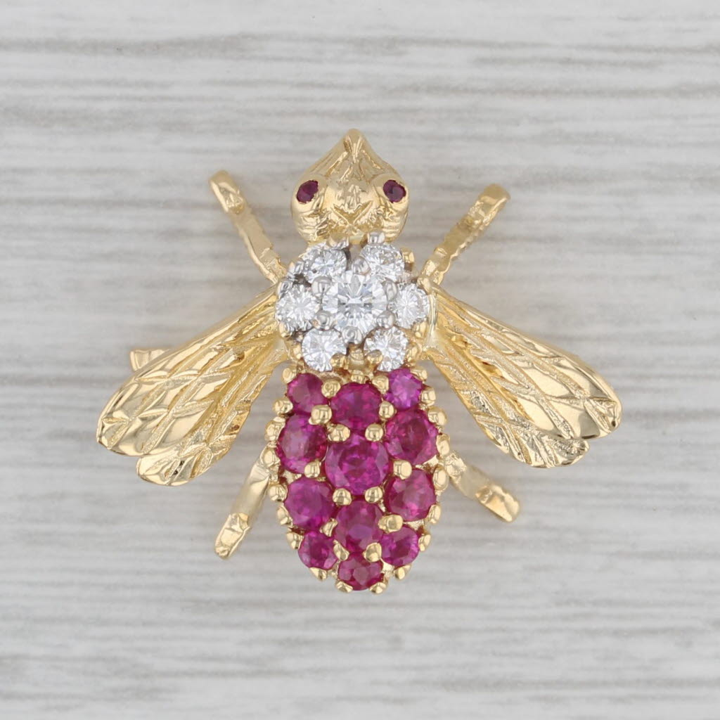 Gray 0.98ctw Ruby Diamond Bee Bug Brooch 18k Yellow Gold Pin