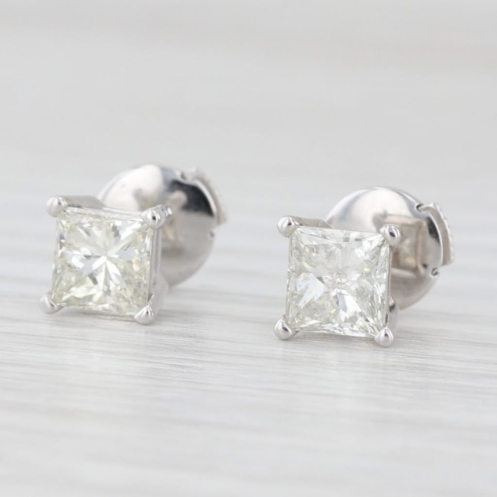 Light Gray 1.24ctw Princess Solitaire Diamond Stud Earrings 14k White Gold