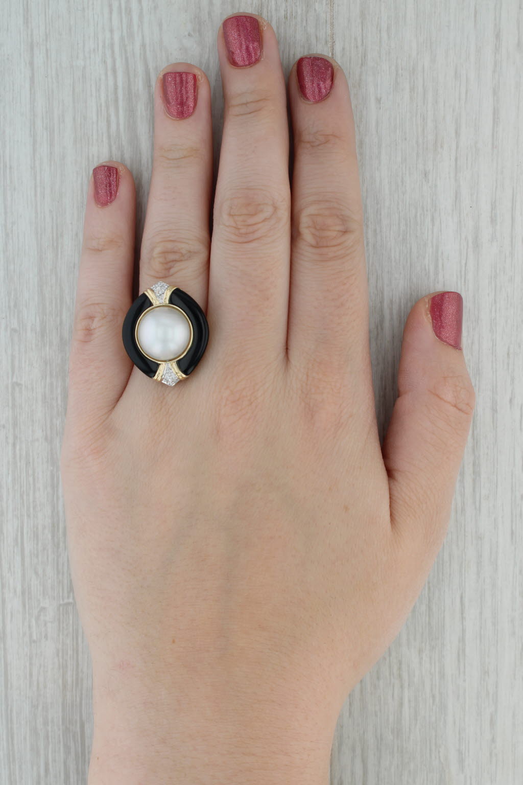 Dark Gray Mabe Pearl Diamond Onyx Ring 14k Yellow Gold Size 8 Cocktail