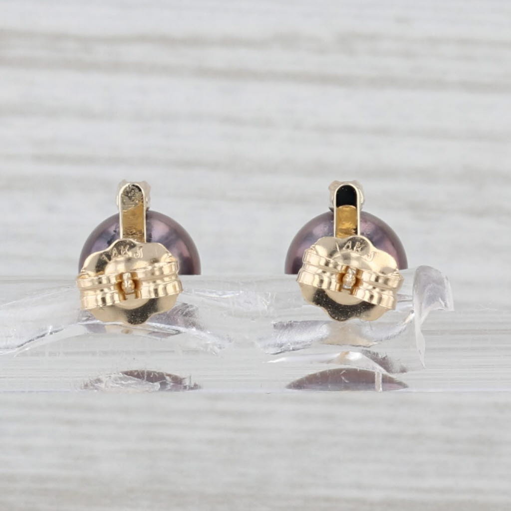 Black Cultured Pearl Stud Earrings 14k Yellow Gold Diamond Accents