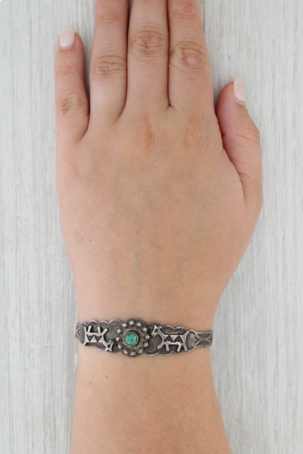 Native American Animal Pattern Turquoise Cuff Bracelet Sterling Silver 6.25"