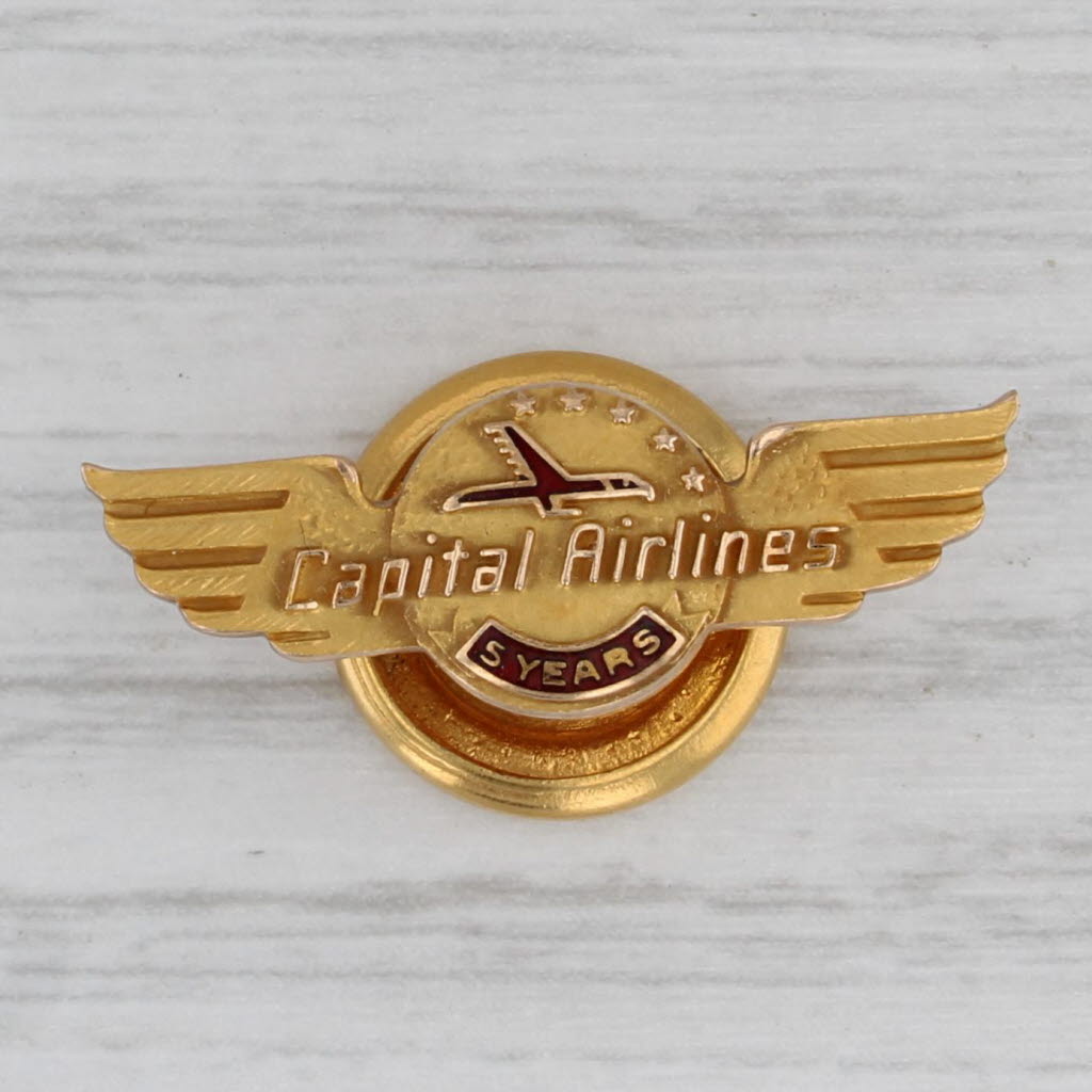 Gray Capitol Airlines 5 Years Service Pin 10k Gold Enamel Vintage