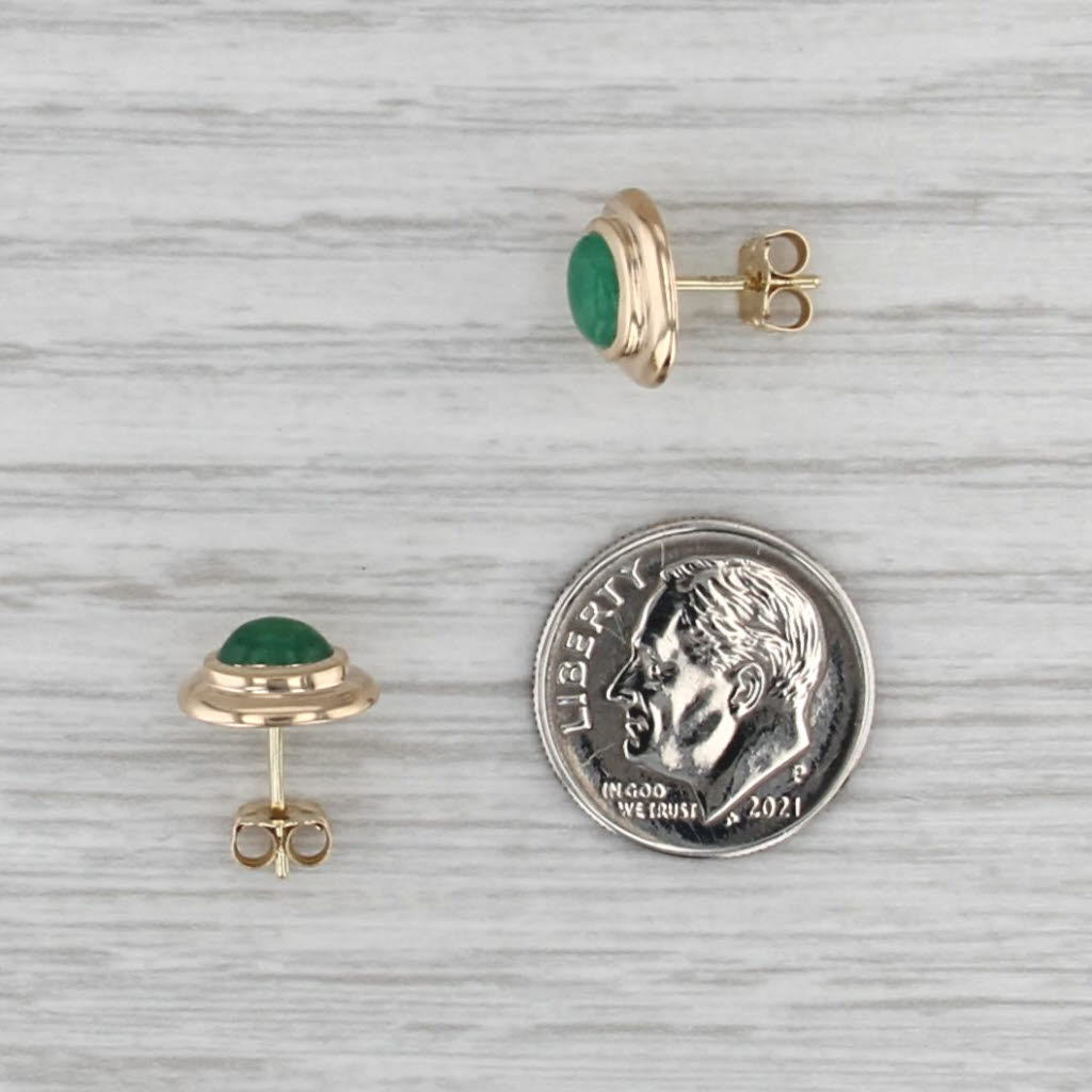 Emerald Oval Cabochon Solitaire Stud Earrings 14k Yellow Gold Studs