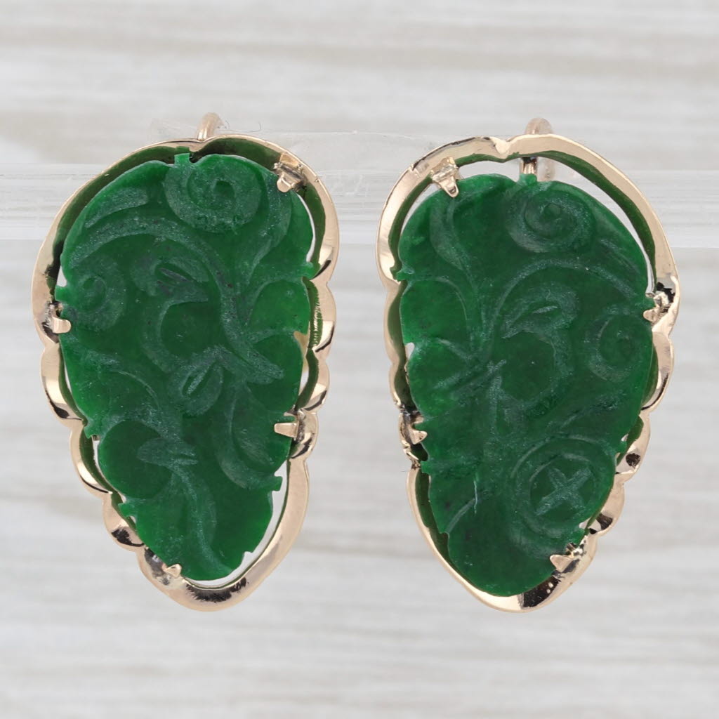 Carved Green Jade Earrings 14k Yellow Gold Vintage Screw Back Non Pierced