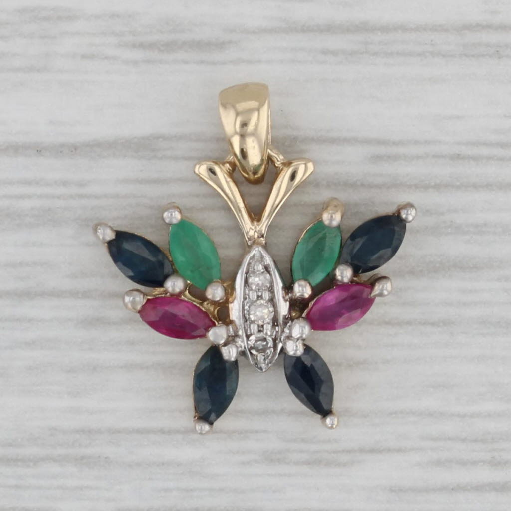 Gray 0.89ctw Gemstone Butterfly Pendant 10k Yellow Gold Ruby Emerald Sapphire Diamond