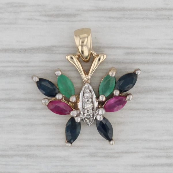 0.89ctw Gemstone Butterfly Pendant 10k Yellow Gold Ruby Emerald Sapphire Diamond