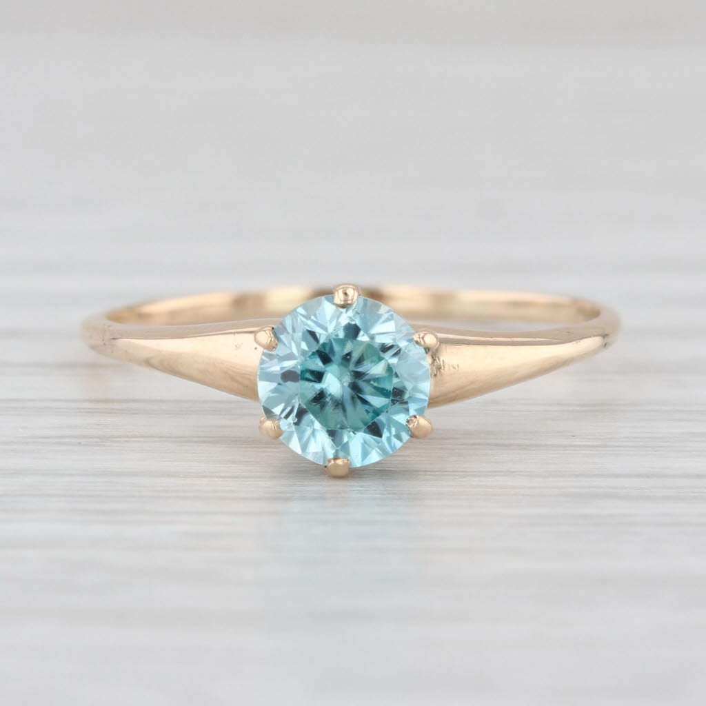 Vintage 1.35ct Round Solitaire Blue Zircon Ring 10k Yellow Gold Size 8.75