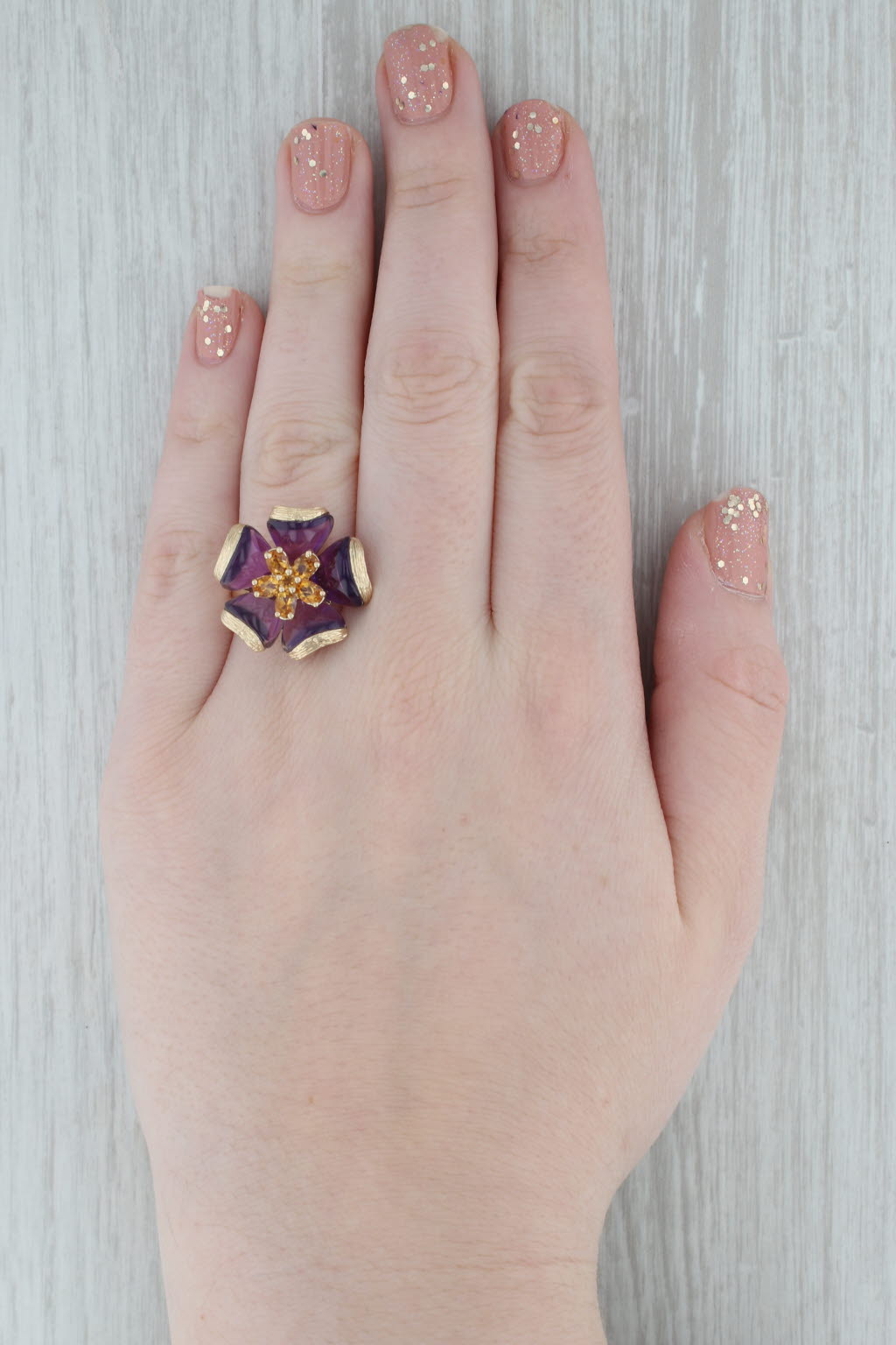 Gray Amethyst Citrine Flower Statement Cocktail 14K Yellow Gold Ring Size 8.25