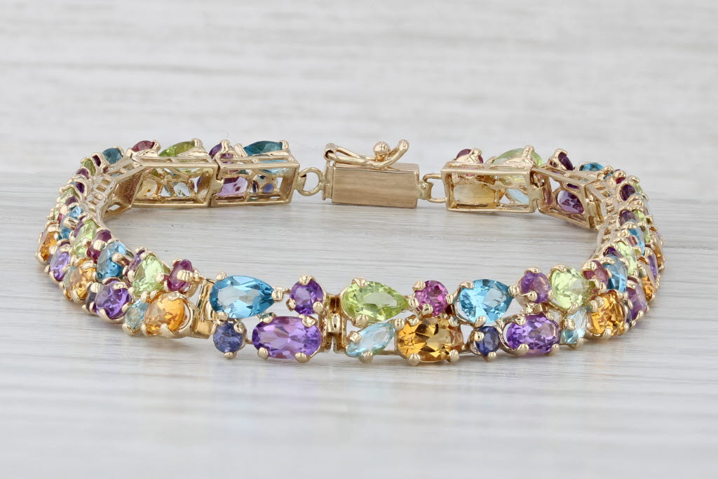 Light Gray 12.87ctw Gemstone Tennis Bracelet 14k Gold 8" Topaz Citrine Peridot Amethyst