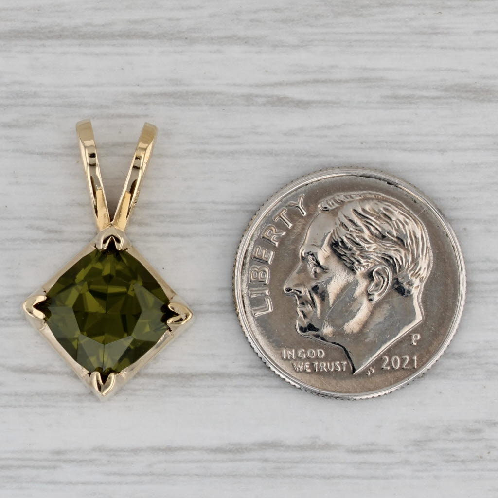 Gray 3.75ct Dark Green Peridot Pendant 14k Yellow Gold Princess Solitaire