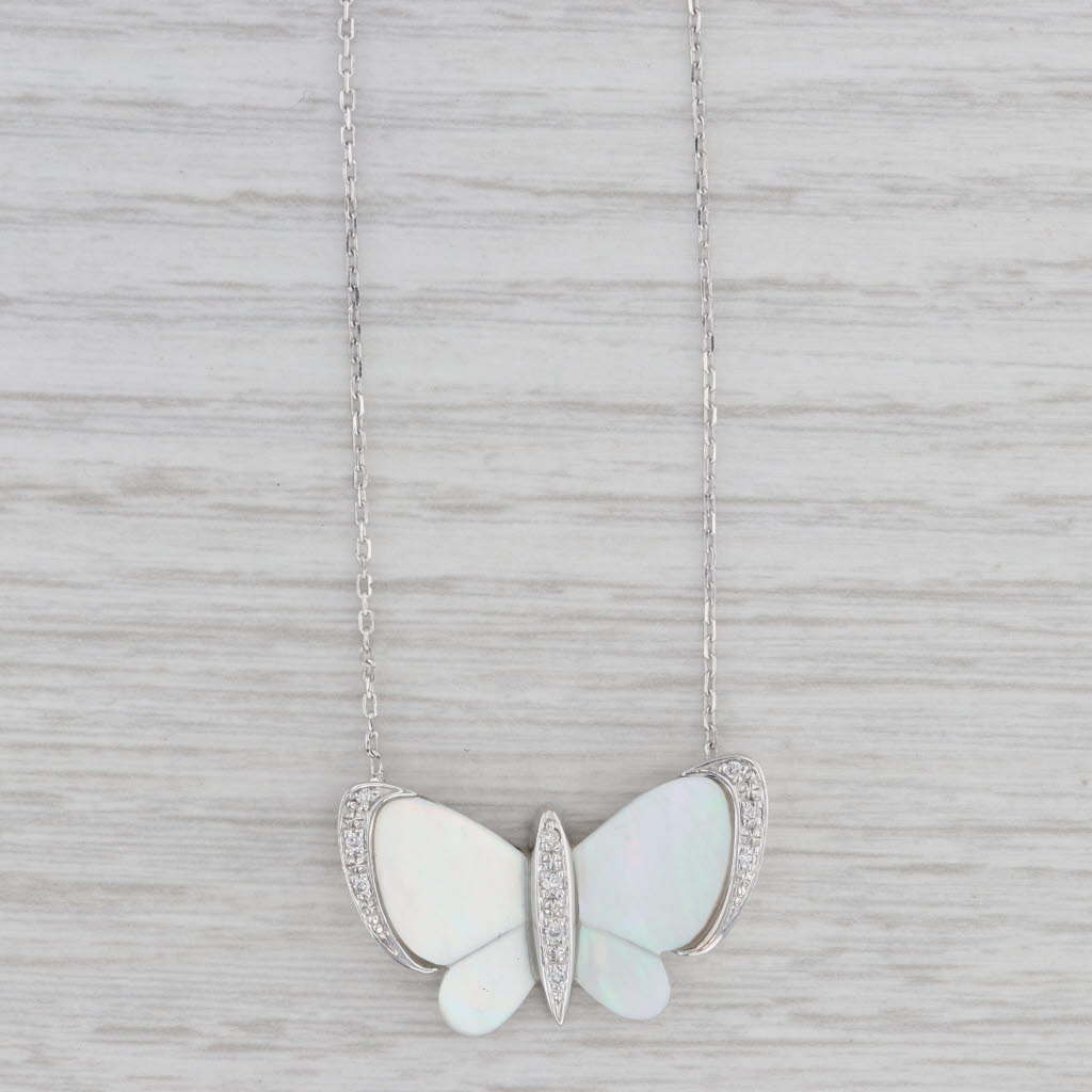 Gray Diamond Mother of Pearl Butterfly Pendant 14k White Gold 16.5" Cable Chain