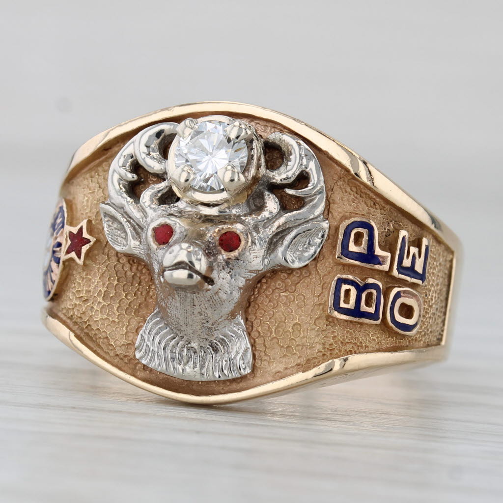 Gray Elks BPOE Signet Ring 14k Yellow White Gold 0.25ct Diamond Size 9.75 Vintage
