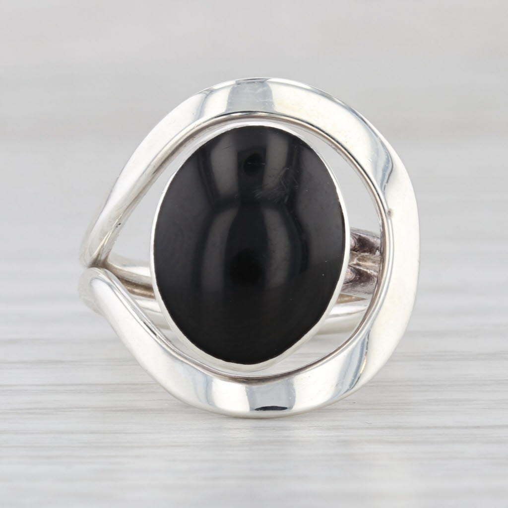 Black Resin Oval Cabochon Ring Sterling Silver Size 6 Adjustable