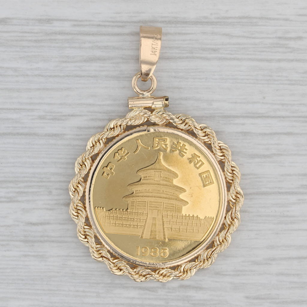 Gray Authentic Chinese Panda Coin Pendant 14k Bezel 1/4ozt 999 Gold 1985 25 Yuan